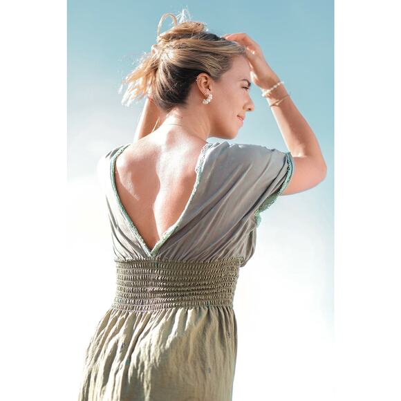 Floral Green Maxi Dress by T. ZOVICH Mixed Media Smocked Waist Crochet Trim - Picture 7 of 12